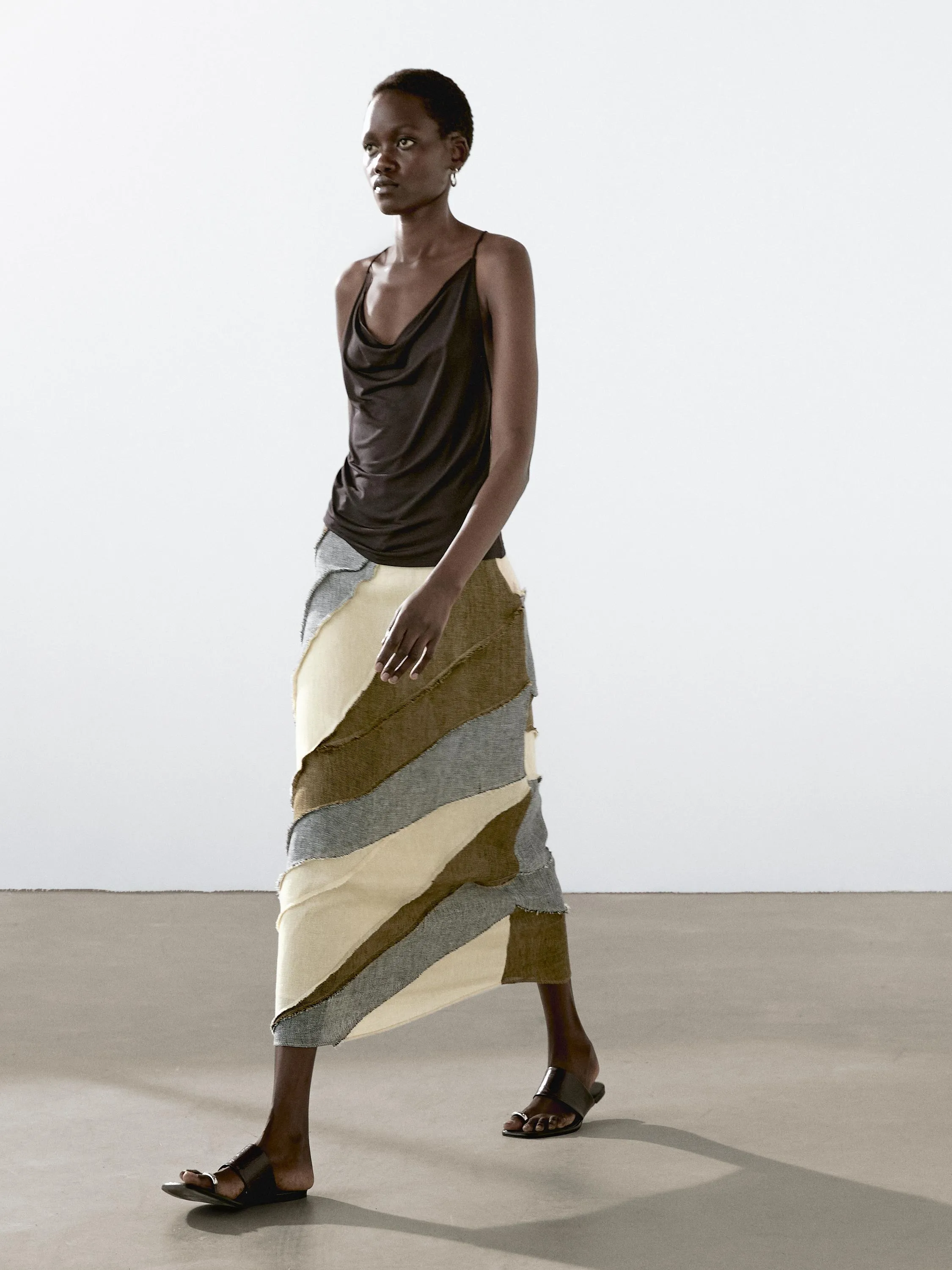 100% linen patchwork midi skirt