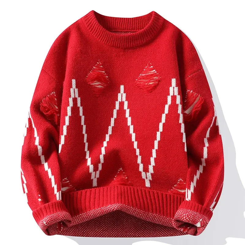 2024 New Fall Winter High End Fashion Hole Ripped Sweater Men Casual Loose Mens Pullover Sweaters Soft Warm Cashmere Pull Homme