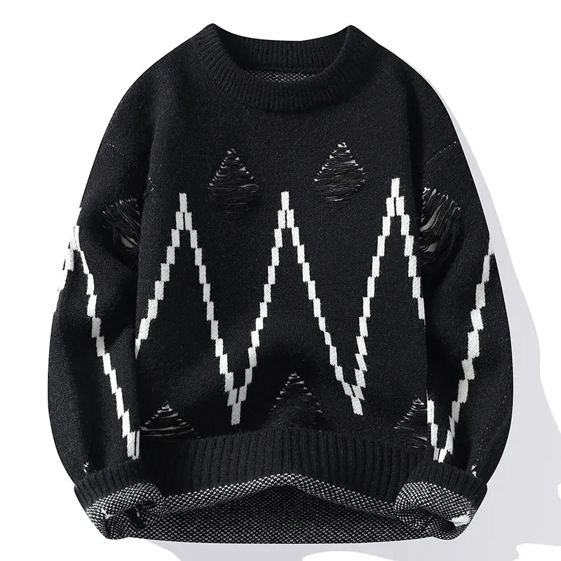 2024 New Fall Winter High End Fashion Hole Ripped Sweater Men Casual Loose Mens Pullover Sweaters Soft Warm Cashmere Pull Homme