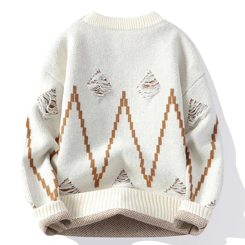 2024 New Fall Winter High End Fashion Hole Ripped Sweater Men Casual Loose Mens Pullover Sweaters Soft Warm Cashmere Pull Homme