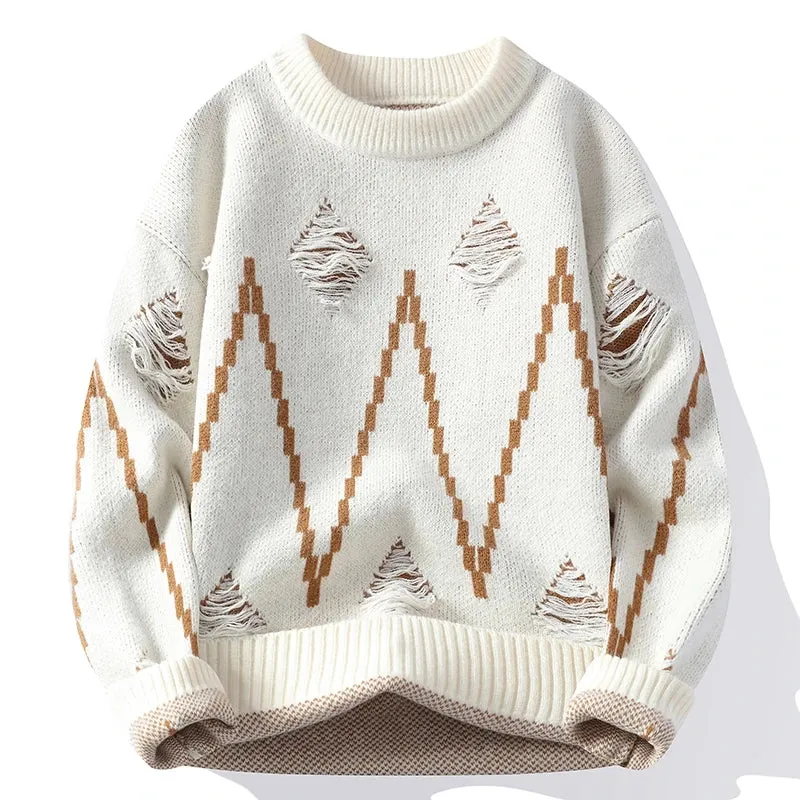 2024 New Fall Winter High End Fashion Hole Ripped Sweater Men Casual Loose Mens Pullover Sweaters Soft Warm Cashmere Pull Homme