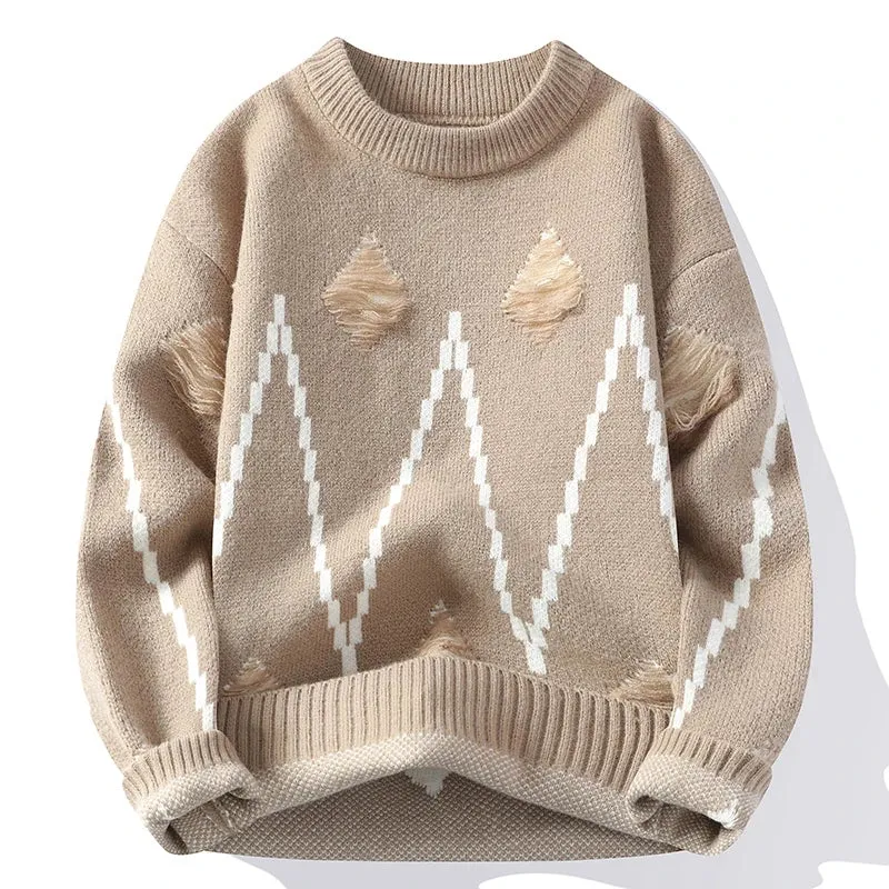 2024 New Fall Winter High End Fashion Hole Ripped Sweater Men Casual Loose Mens Pullover Sweaters Soft Warm Cashmere Pull Homme