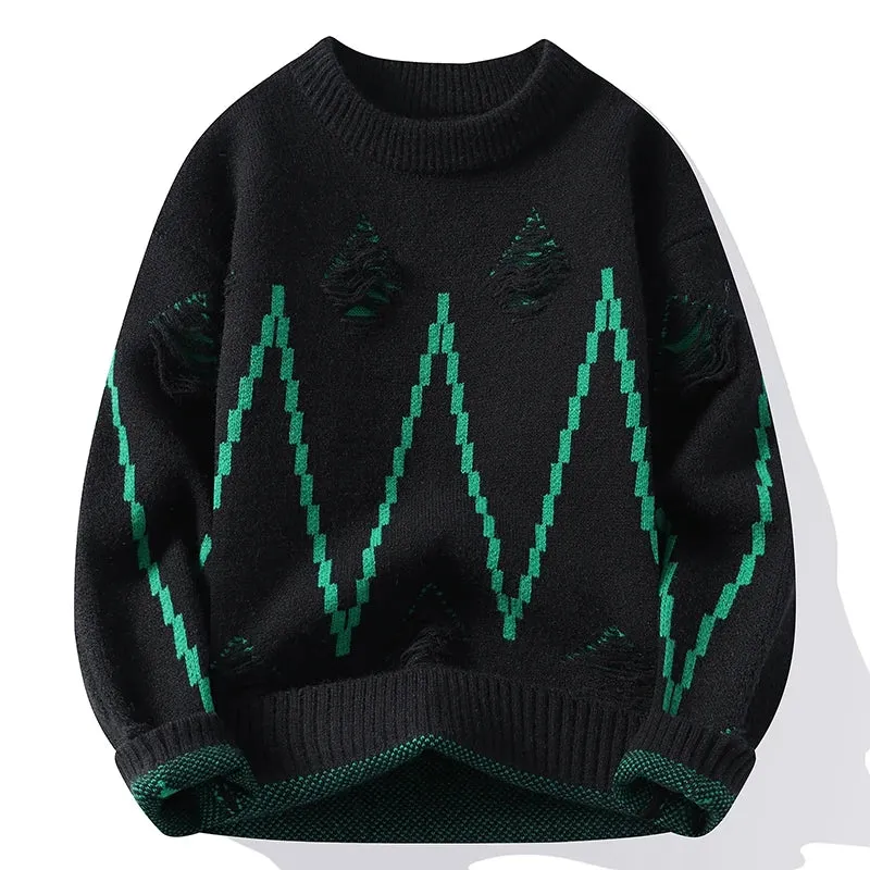 2024 New Fall Winter High End Fashion Hole Ripped Sweater Men Casual Loose Mens Pullover Sweaters Soft Warm Cashmere Pull Homme