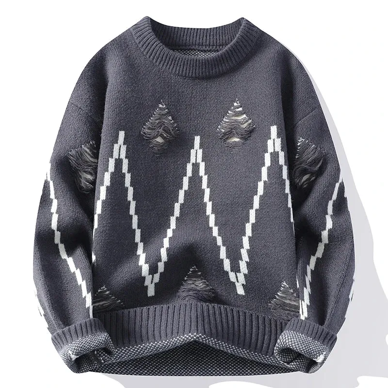 2024 New Fall Winter High End Fashion Hole Ripped Sweater Men Casual Loose Mens Pullover Sweaters Soft Warm Cashmere Pull Homme
