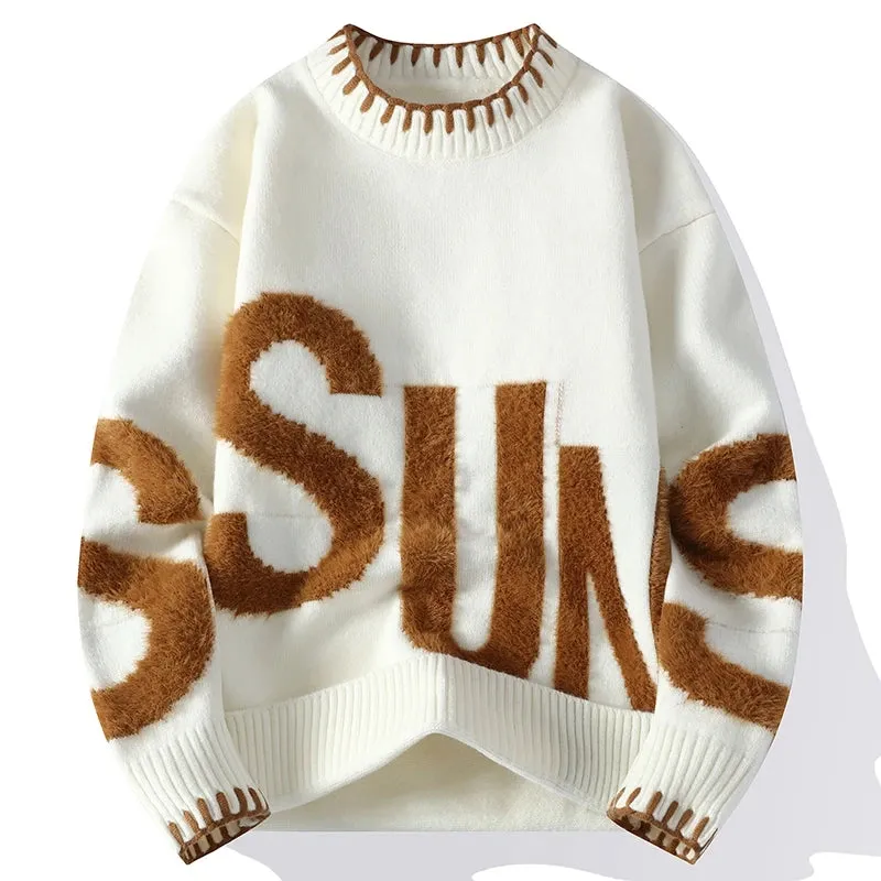 2024 New Fall Winter Plush Letter Printed Sweater Men High End Thick Warm Turtleneck Wool Sweaters Korean Harajuku Mens Pullover