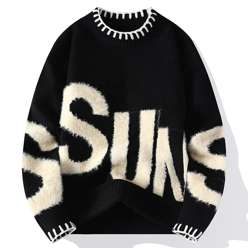 2024 New Fall Winter Plush Letter Printed Sweater Men High End Thick Warm Turtleneck Wool Sweaters Korean Harajuku Mens Pullover
