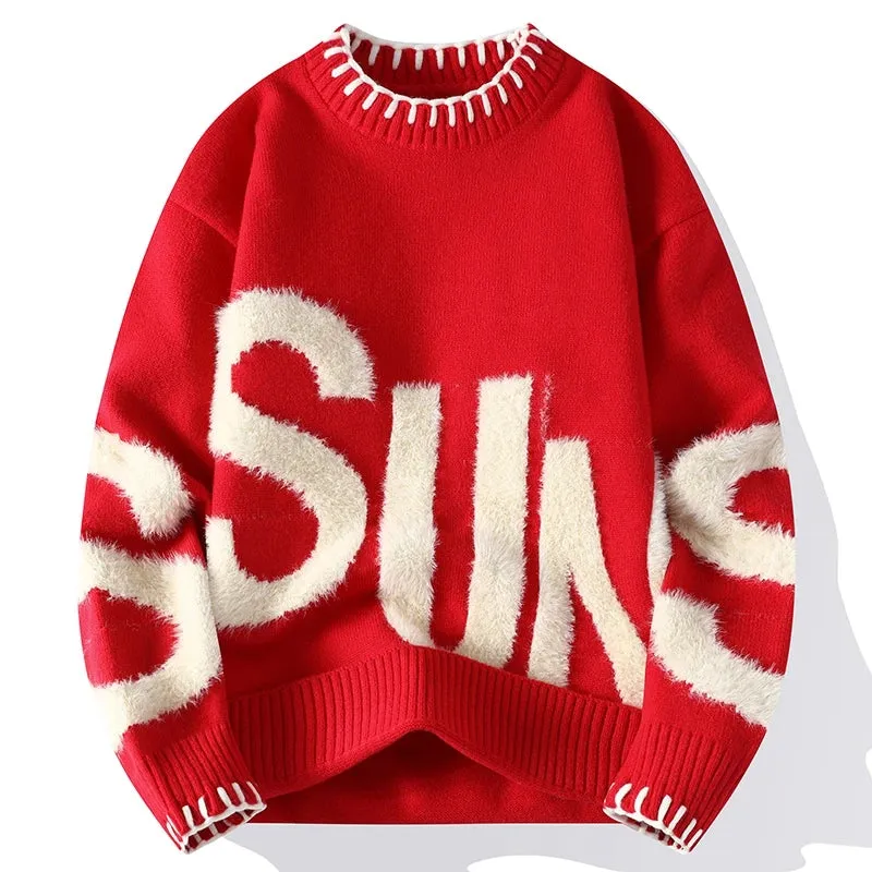 2024 New Fall Winter Plush Letter Printed Sweater Men High End Thick Warm Turtleneck Wool Sweaters Korean Harajuku Mens Pullover