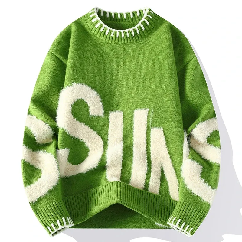 2024 New Fall Winter Plush Letter Printed Sweater Men High End Thick Warm Turtleneck Wool Sweaters Korean Harajuku Mens Pullover