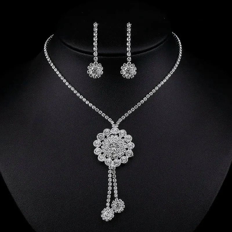 3pcs simple  rhinestone necklace earrings jewelry set for women