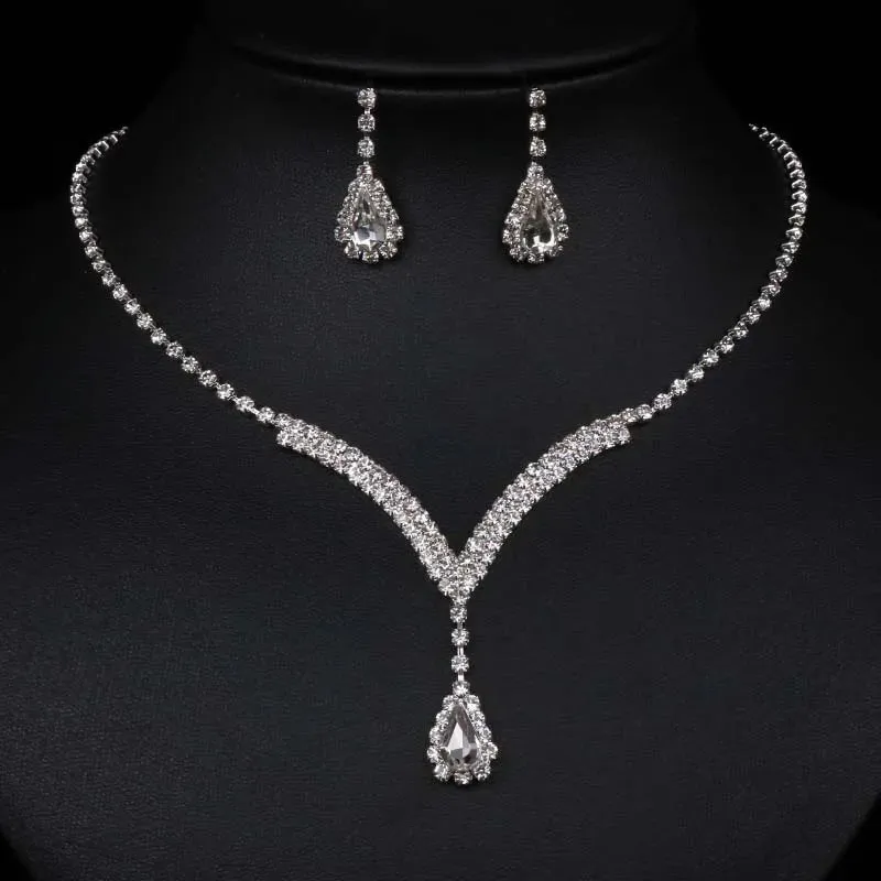 3pcs simple  rhinestone necklace earrings jewelry set for women