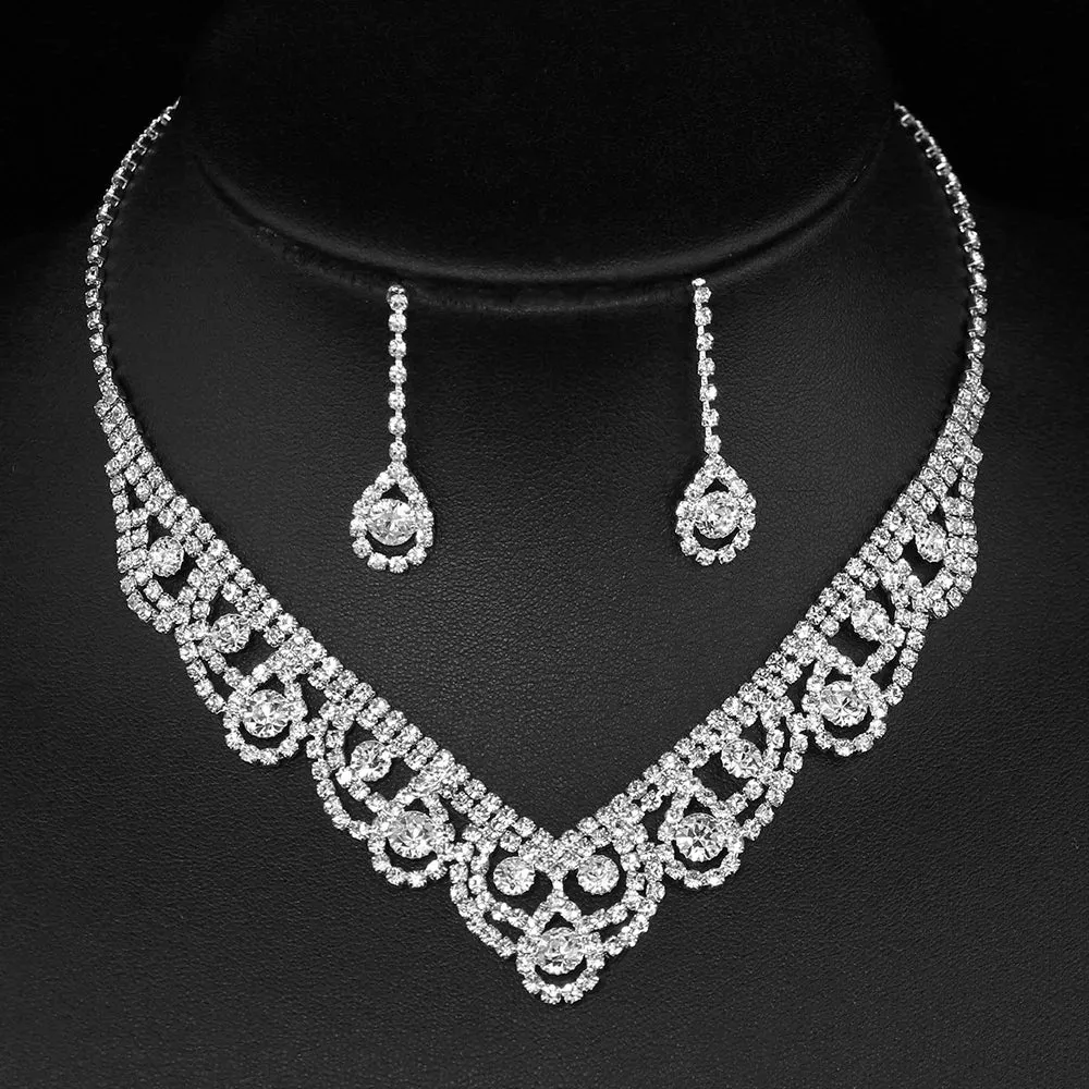 3pcs simple  rhinestone necklace earrings jewelry set for women