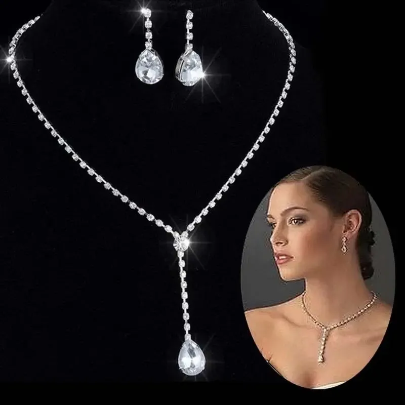 3pcs simple  rhinestone necklace earrings jewelry set for women