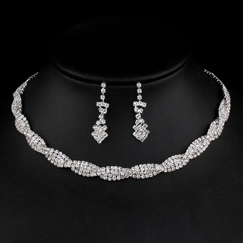 3pcs simple  rhinestone necklace earrings jewelry set for women