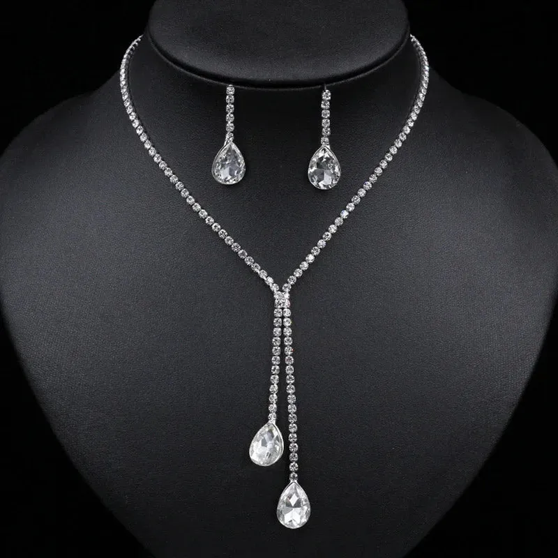 3pcs simple  rhinestone necklace earrings jewelry set for women