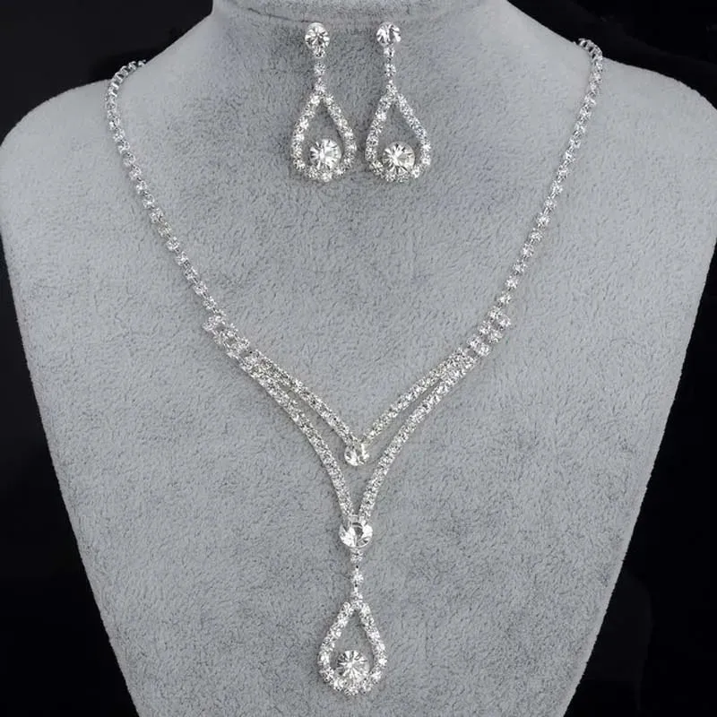 3pcs simple  rhinestone necklace earrings jewelry set for women