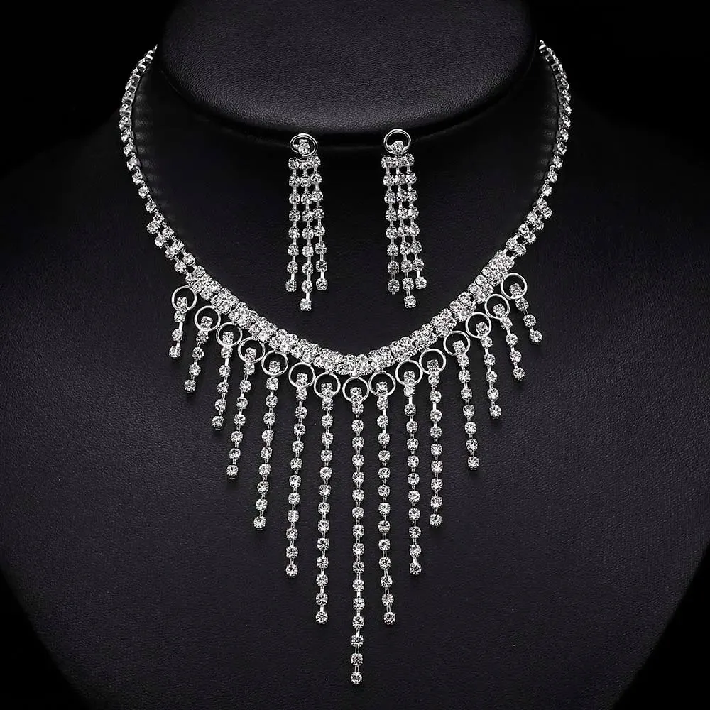 3pcs simple  rhinestone necklace earrings jewelry set for women