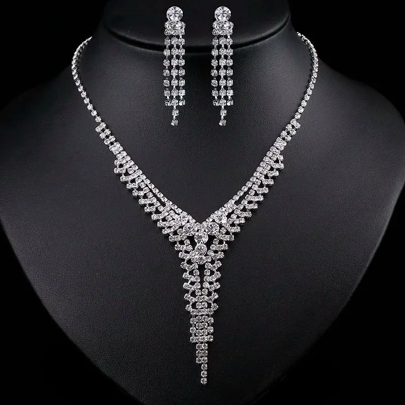 3pcs simple  rhinestone necklace earrings jewelry set for women