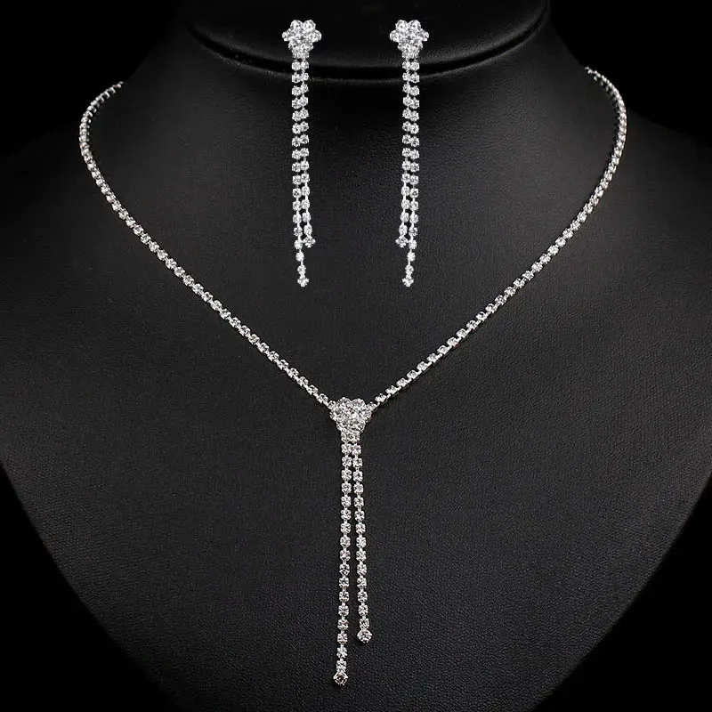 3pcs simple  rhinestone necklace earrings jewelry set for women