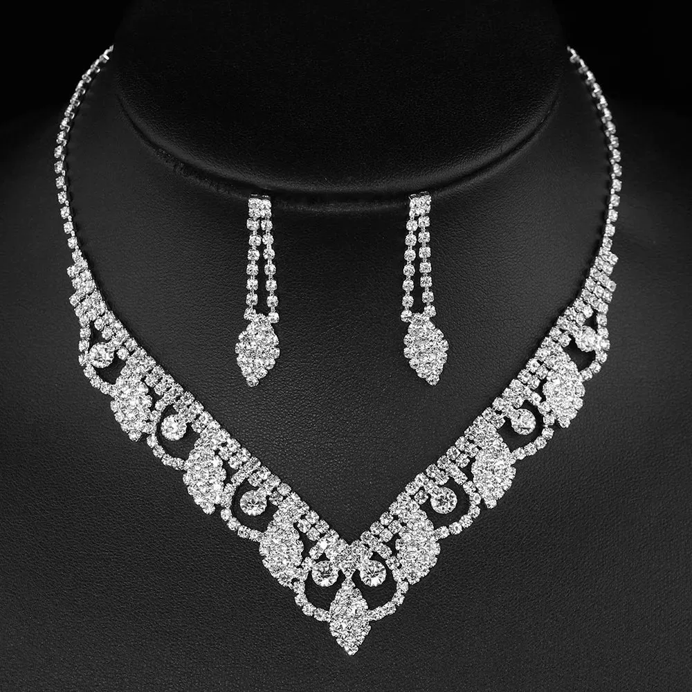 3pcs simple  rhinestone necklace earrings jewelry set for women