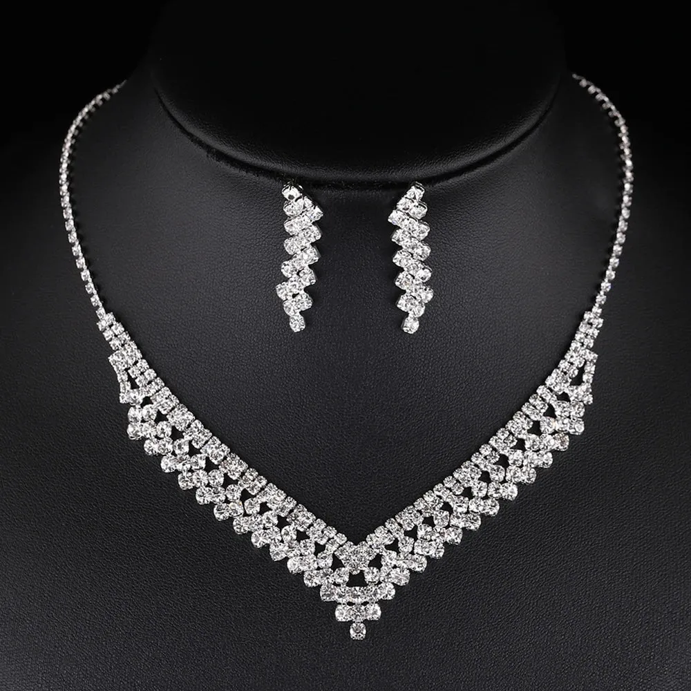 3pcs simple  rhinestone necklace earrings jewelry set for women