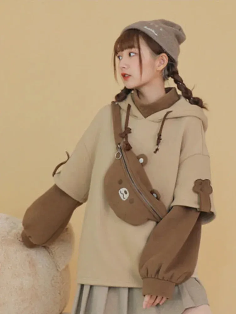 3XL Harajuku Aesthetic Bear Anime Hoodie Women Korean Kawaii Crewneck Long Sleeve Oversize Streetwear Kpop Y2K Winter Cloth Top