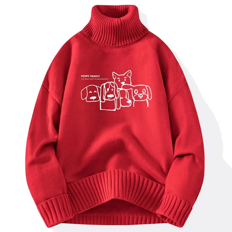 8XL 7XL 6XL 2024 New Fall Winter Top Grade Cashmere Turtleneck Sweater Men Hip Hop Puppy Print Christmas Jumper Fashion Pullover
