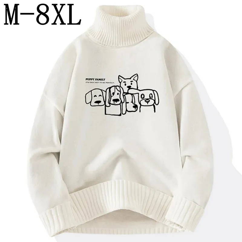 8XL 7XL 6XL 2024 New Fall Winter Top Grade Cashmere Turtleneck Sweater Men Hip Hop Puppy Print Christmas Jumper Fashion Pullover