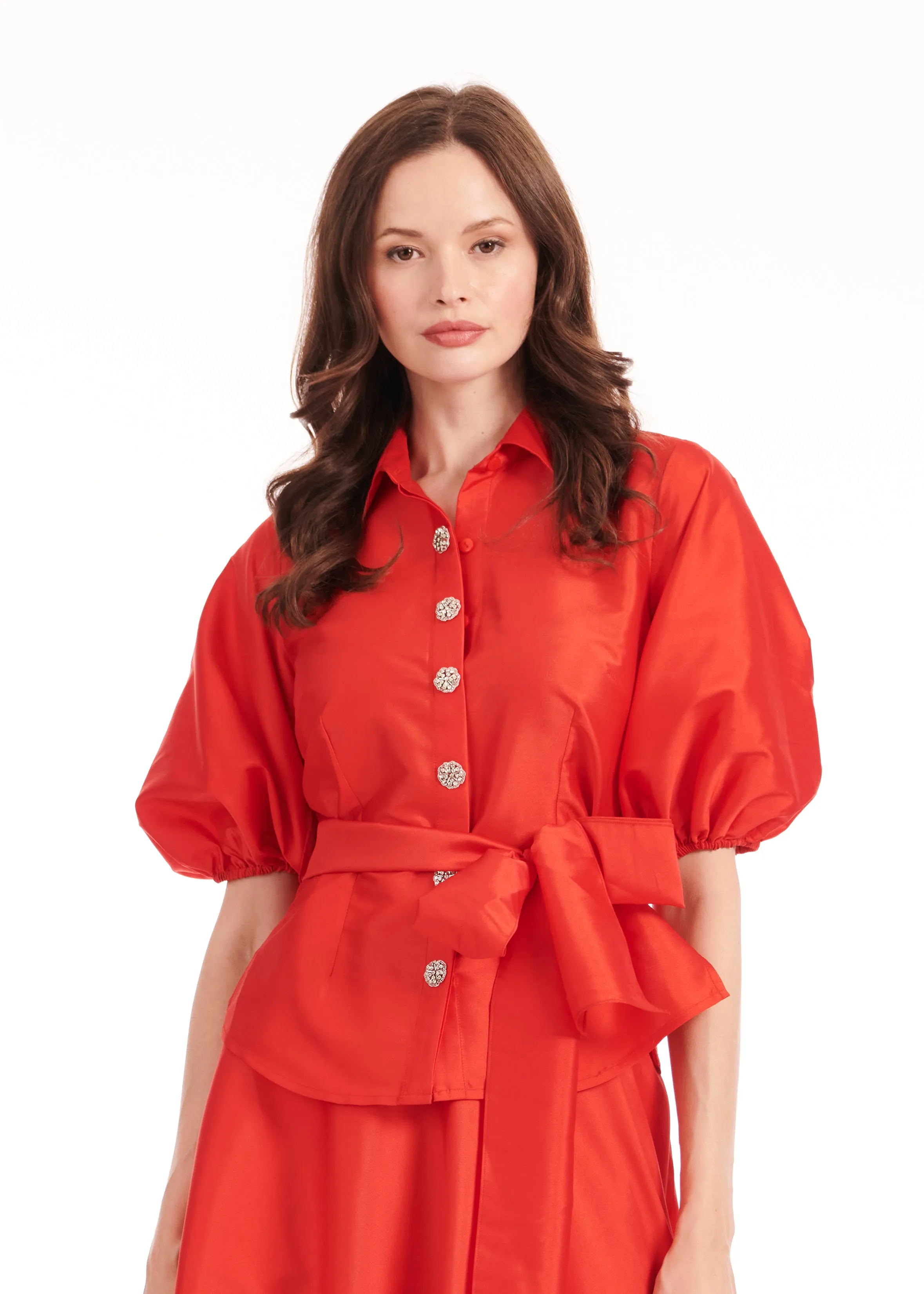 A-LINE TAFFETA MIDI SKIRT TOMATO