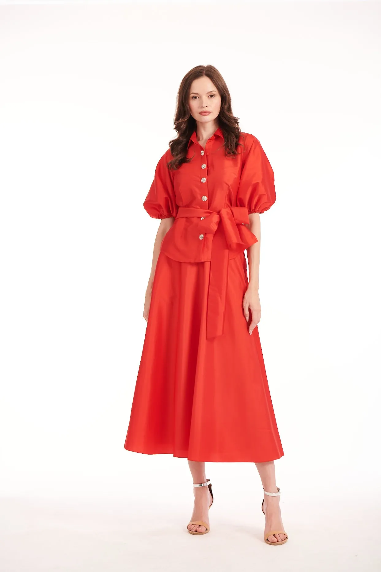 A-LINE TAFFETA MIDI SKIRT TOMATO