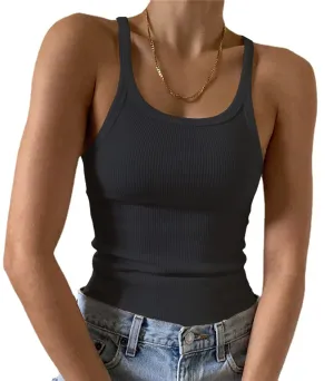 Artfish Women's Sleeveless Full Tank Top Form Fitting Scoop Neck Ribbed Knit Basic Tight Fitted Cami Black, M