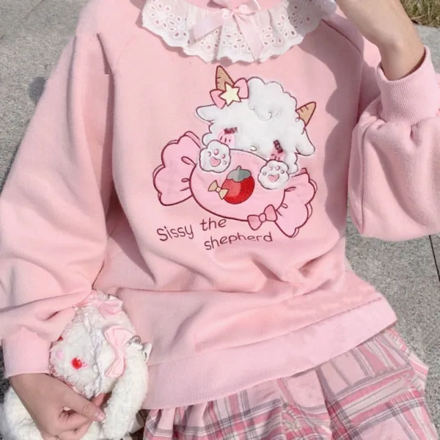 Autumn New Women Lace Neck Cute Hoodies Harajuku Kawaii Sweatshirt Women Pink Pullover Lamb And Candy Embroidery Sudadera
