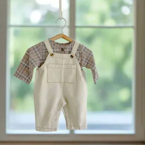 Baby Plaid Long Sleeve Top and Denim Overalls | 100% Cotton - Beige Plaid Pattern | Unisex (1-3 Years) | Comfortable and Stylish