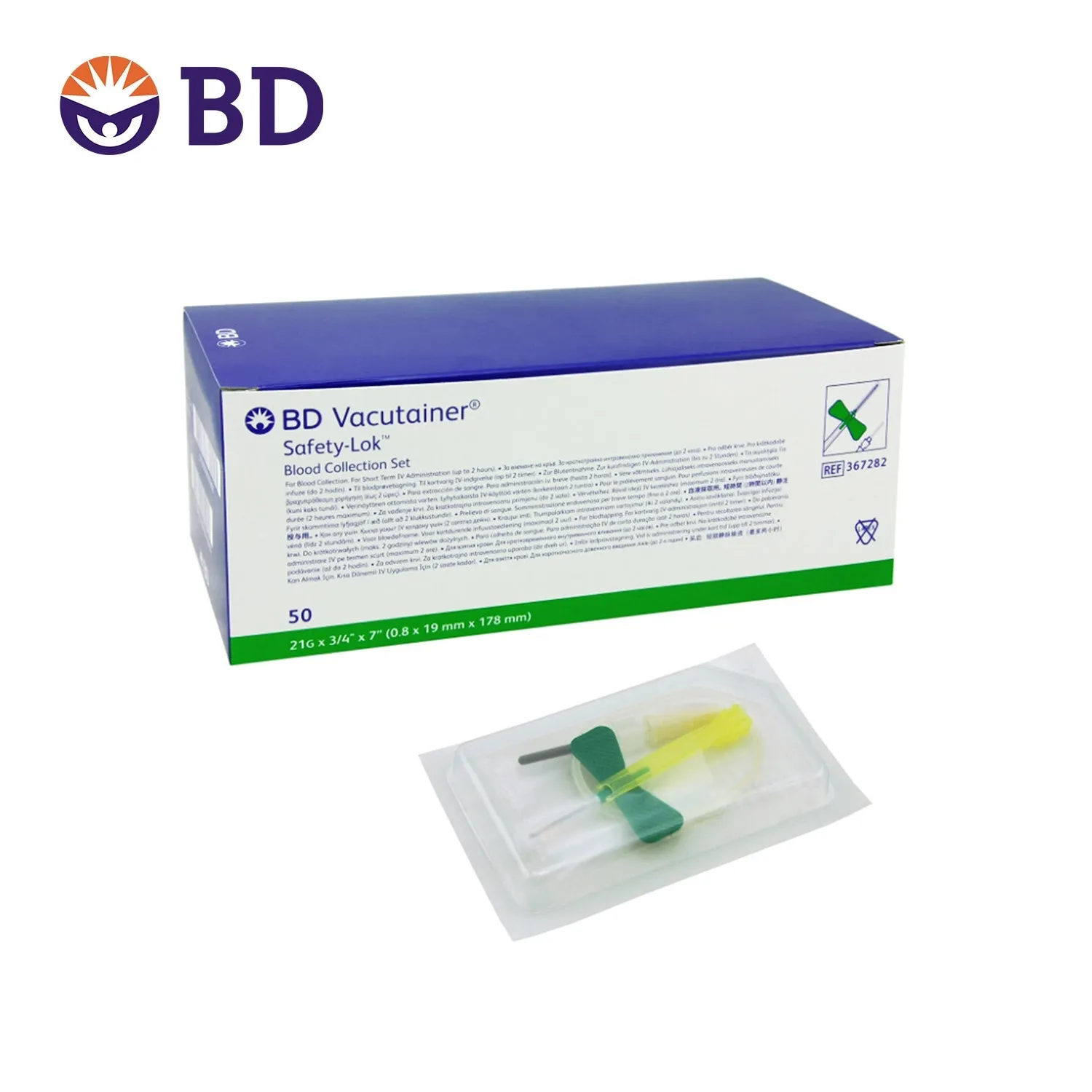 BD Vacutainer Safety Lok Blood Collection System | 0.75" Needle | 21G x 7" Tubing | Pack of 50