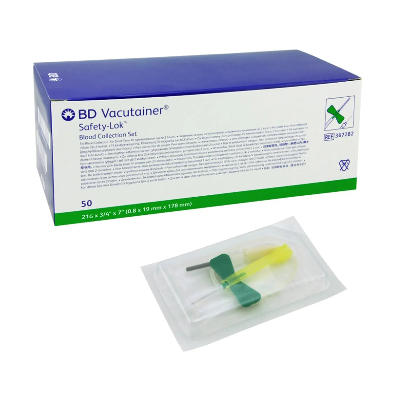 BD Vacutainer Safety Lok Blood Collection System | 0.75" Needle | 21G x 7" Tubing | Pack of 50