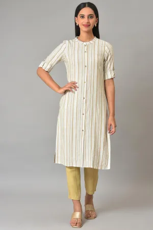 Beige Stripe Print kurta & Trousers Set