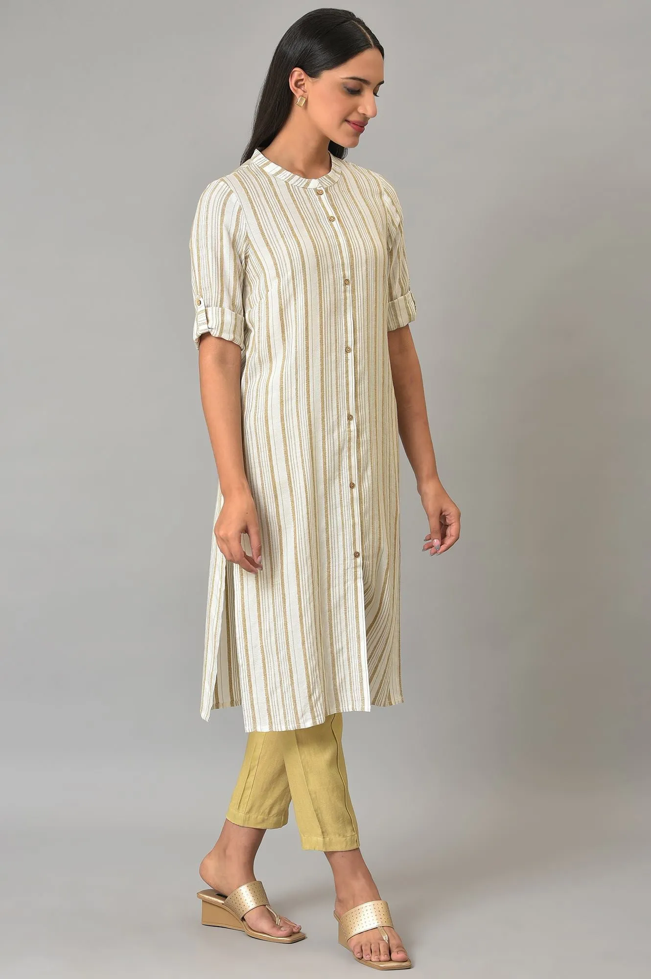 Beige Stripe Print kurta & Trousers Set
