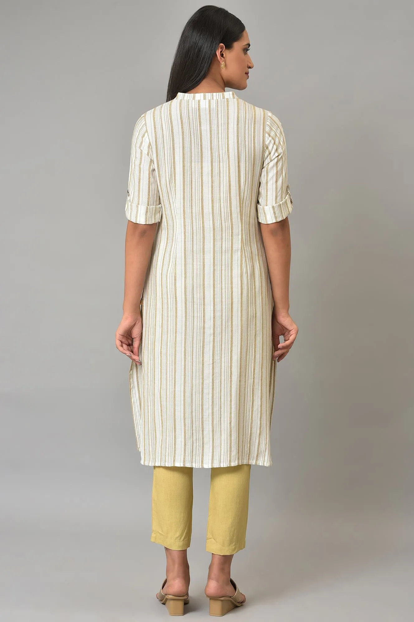 Beige Stripe Print kurta & Trousers Set