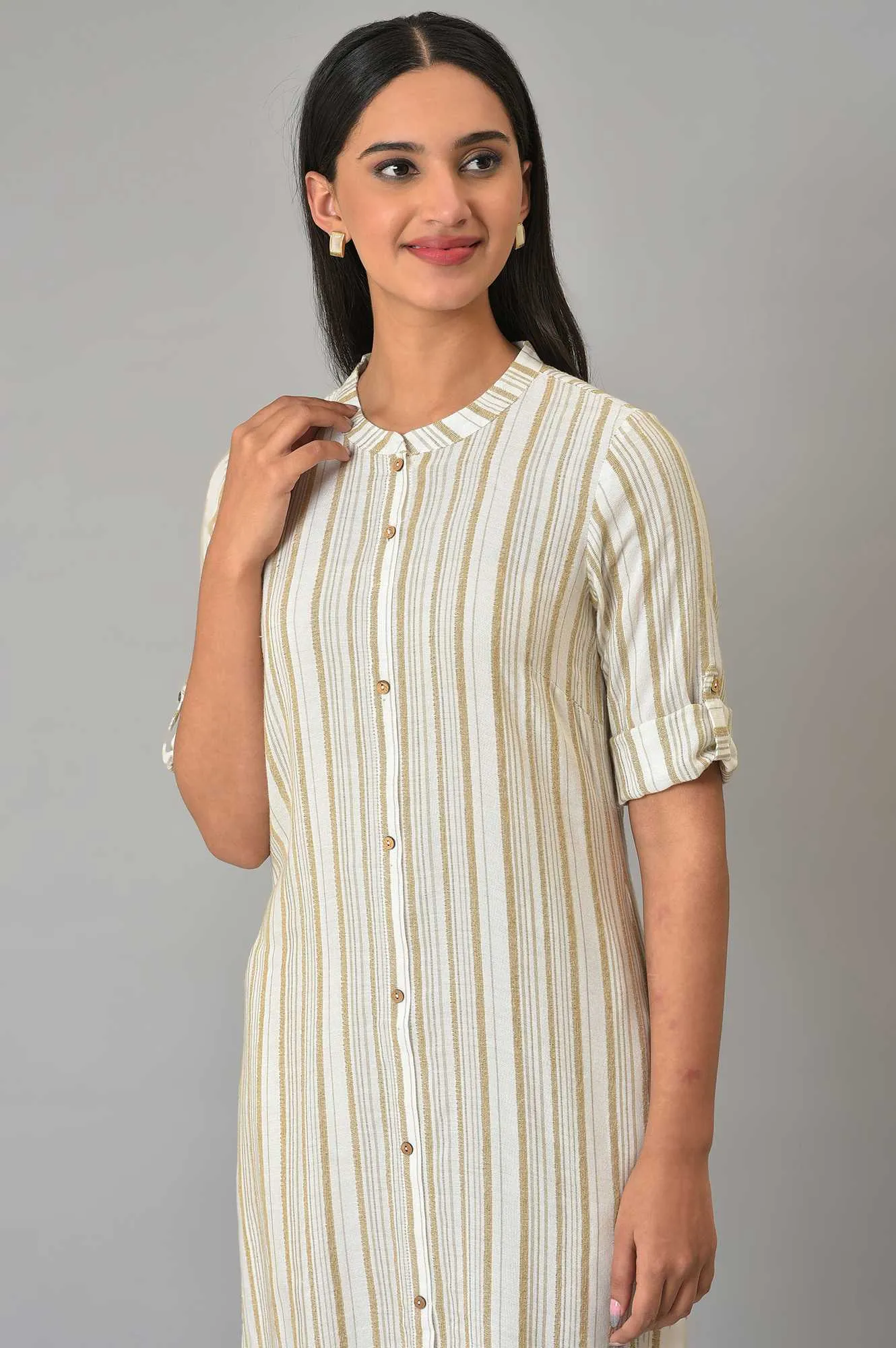 Beige Stripe Print kurta & Trousers Set