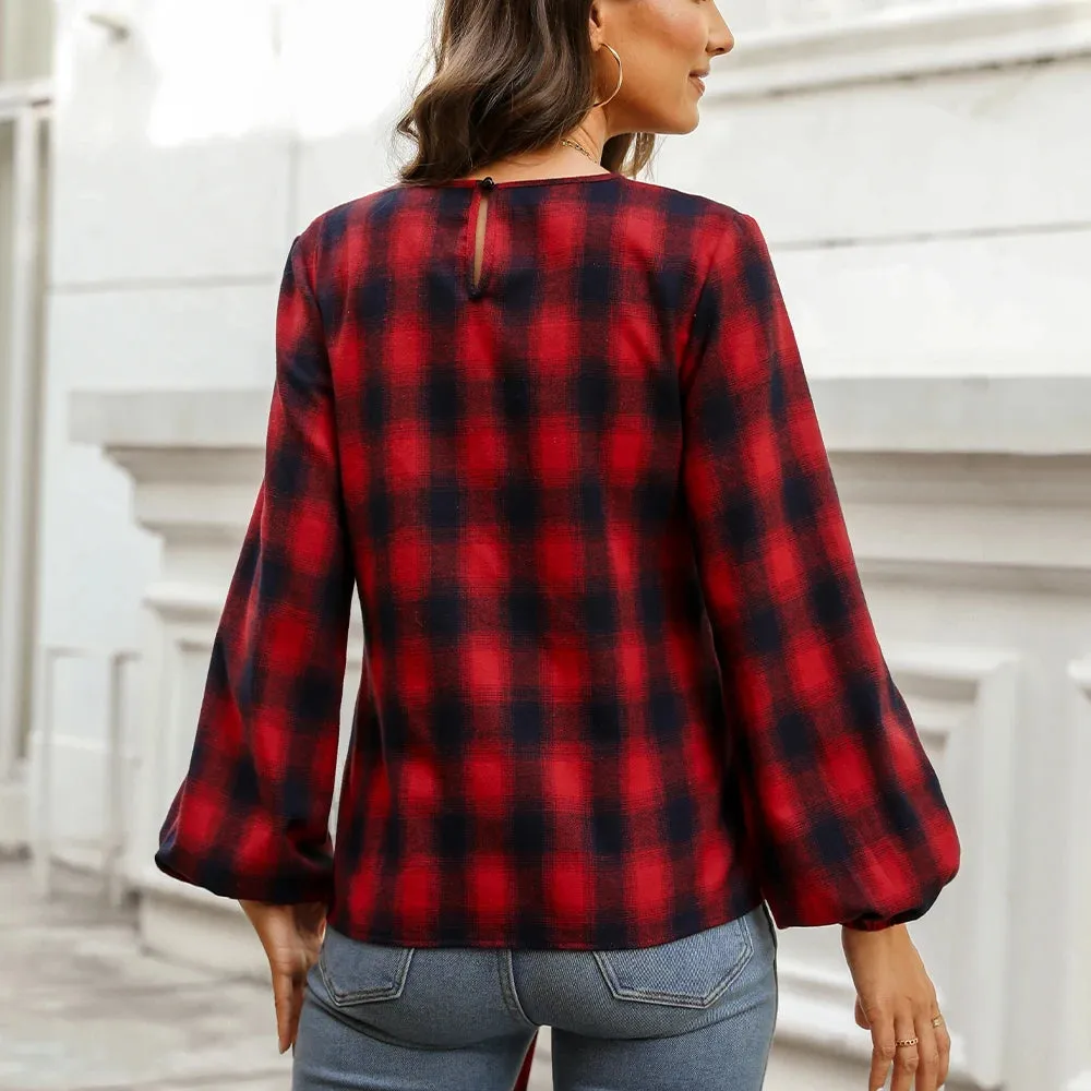Belted Plaid Long Sleeve Blouse