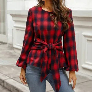 Belted Plaid Long Sleeve Blouse