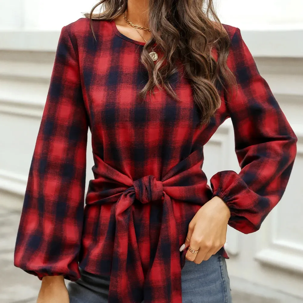 Belted Plaid Long Sleeve Blouse