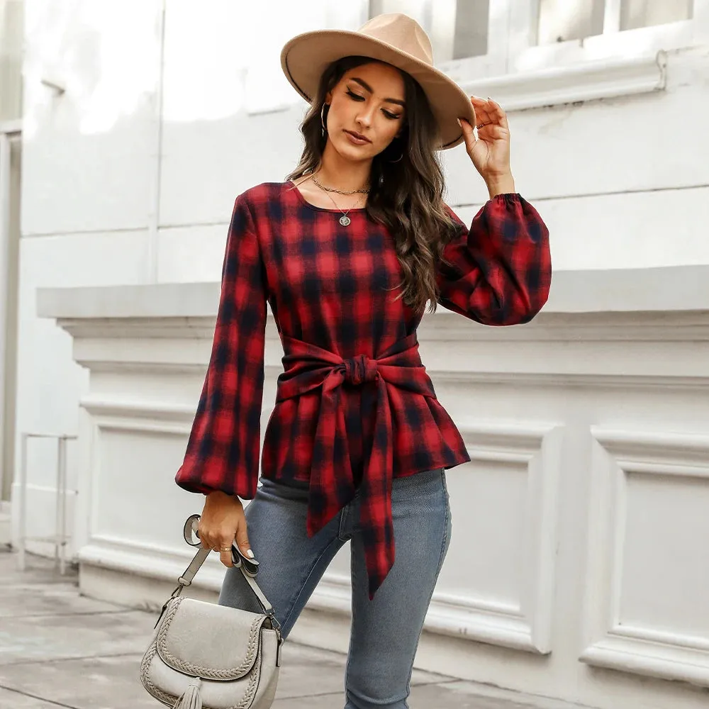 Belted Plaid Long Sleeve Blouse