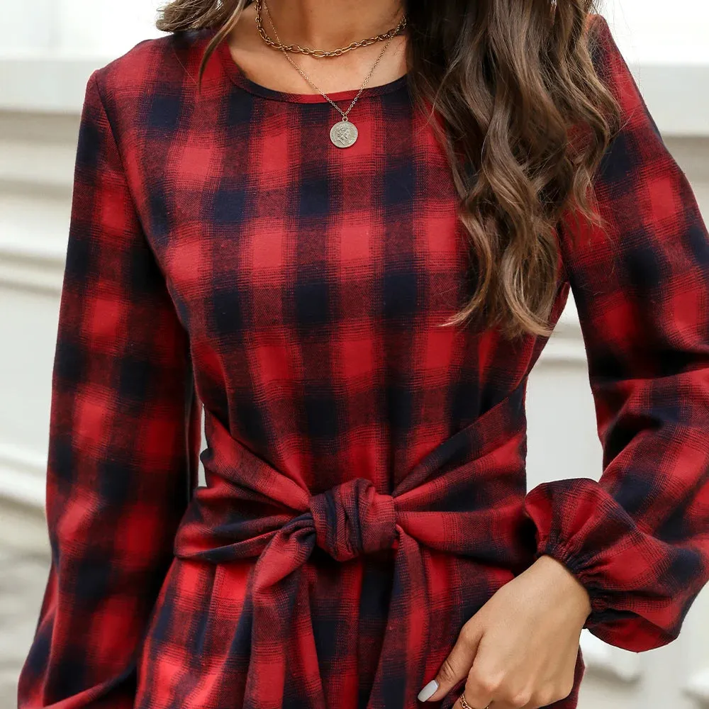 Belted Plaid Long Sleeve Blouse