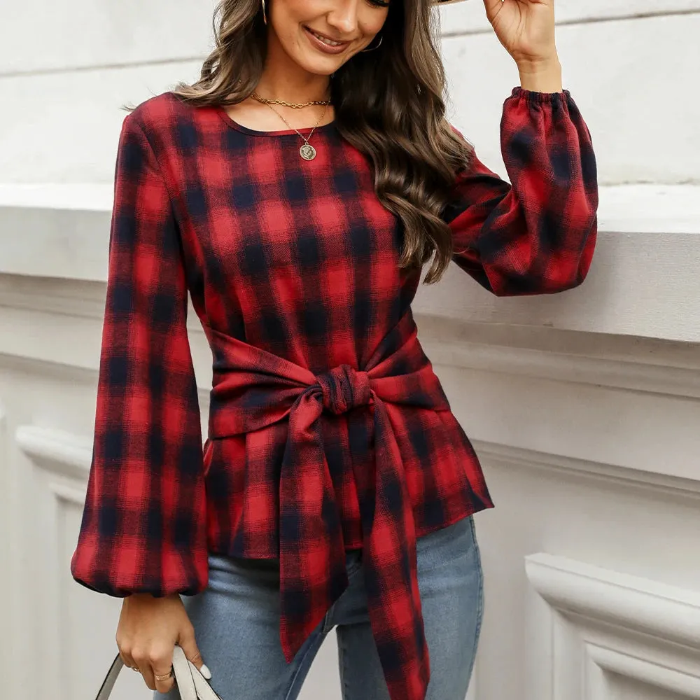 Belted Plaid Long Sleeve Blouse