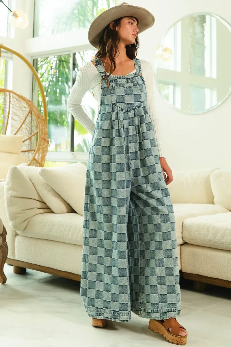 BiBi Washed Vintage Checker Wide Legs Overalls