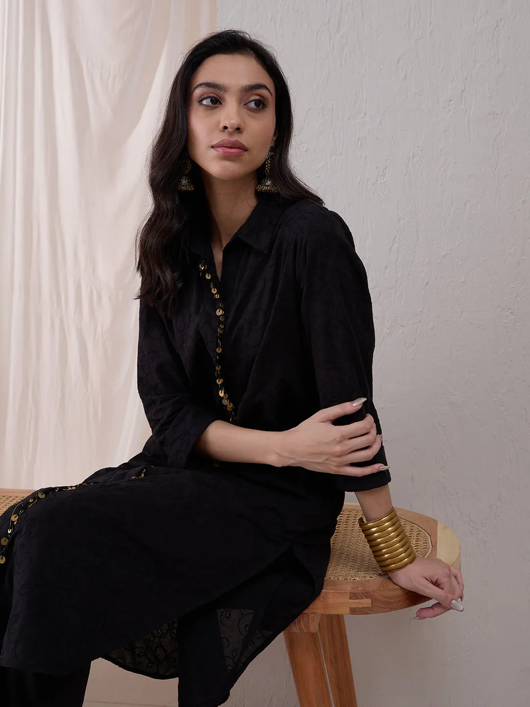 Black Coin Detail Cotton Embroidered Tunic With Straight Pant