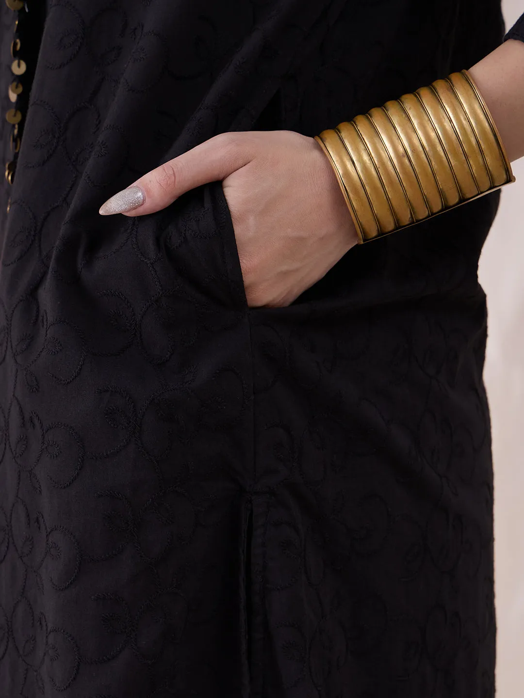 Black Coin Detail Cotton Embroidered Tunic With Straight Pant