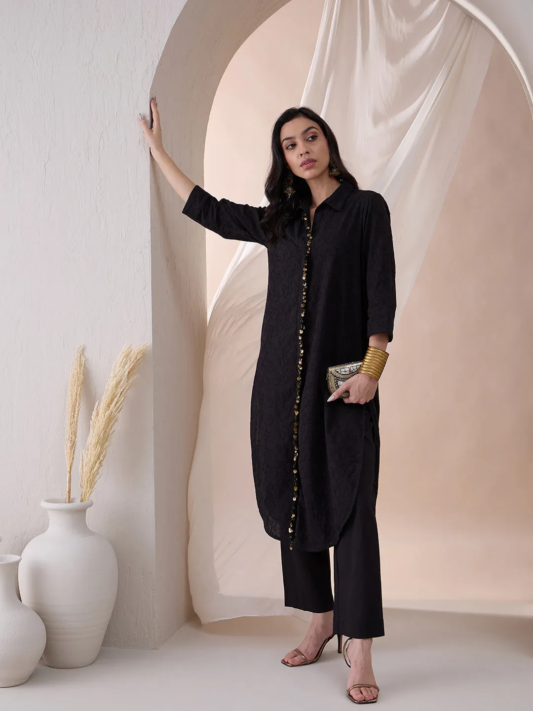 Black Coin Detail Cotton Embroidered Tunic With Straight Pant