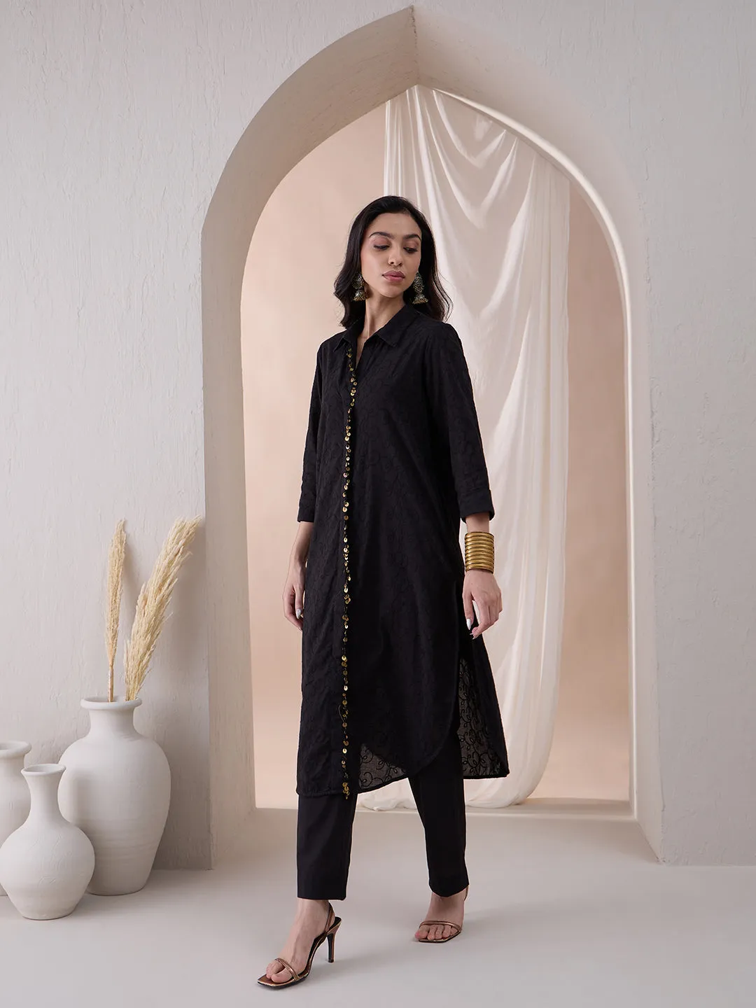 Black Coin Detail Cotton Embroidered Tunic With Straight Pant