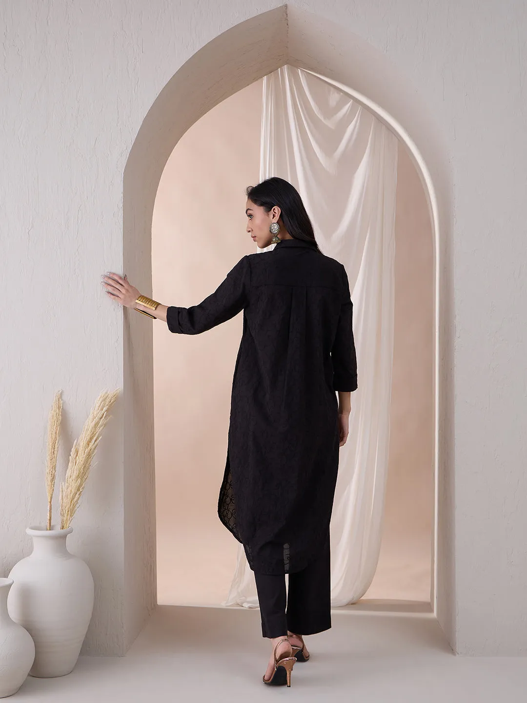 Black Coin Detail Cotton Embroidered Tunic With Straight Pant